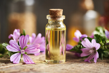 A transparent bottle of common mallow essential oil with blooming malva sylvestris twigs