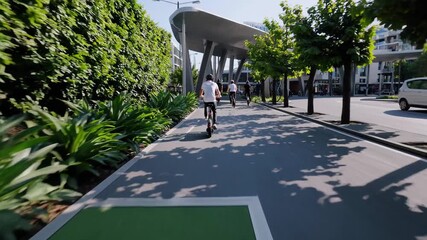  rider glides along fresh painted track, tall hedge muffles traffic while urban bikeway guides wheels, skyline winks beyond and urban bikeway freedom lifts pulse across green urban bikeway corridor.