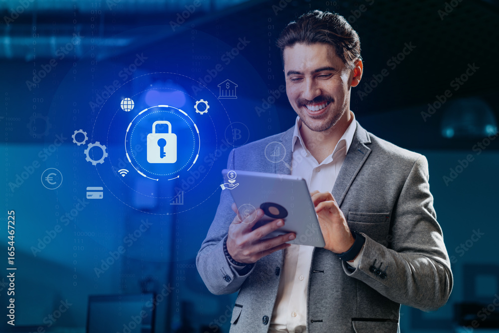 Aufkleber man in business attire engages with tablet displaying digital security interface in modern office en