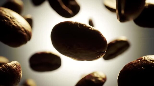 Macro Shot of Coffee Beans Falling in Slow Motion.