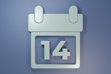 Grey Calendar with February 14 icon isolated on purple-blue background. Valentines day. Love symbol. Minimalism concept. 3D render illustration