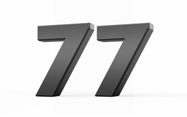 Sleek metallic Black number 77 Seventy seven standing on a white background, 3d illustration