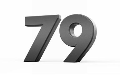 Sleek metallic Black number 79 Seventy nine standing on a white background, 3d illustration