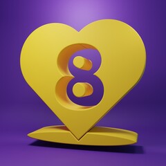Yellow Heart with 8 March icon isolated on purple background. Romantic symbol linked, join, passion and wedding. Happy Women Day. Minimalism concept. 3D render illustration