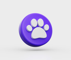 Purple circular button with a white paw print symbol, representing pets or animals. 3D Illustration