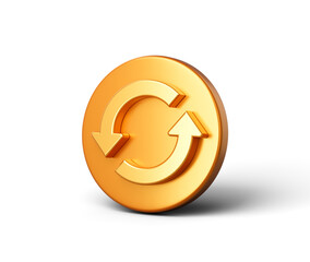 Golden circular button with a refresh icon featuring two curved arrows, 3d illustration