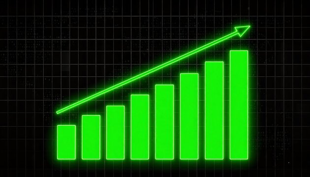 Neon green bar graph rising upward on black background