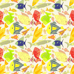 Vector - fishes as a colored template, seamless pattern.