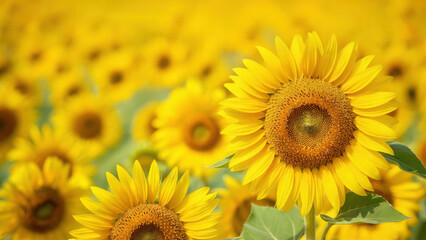 Obraz premium Close-Up of Two Vibrant Sunflowers in Bloom with Blurred Sunflower Field Background