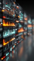 Futuristic server racks with holographic AI graphs, blurred foreground for overlay text,