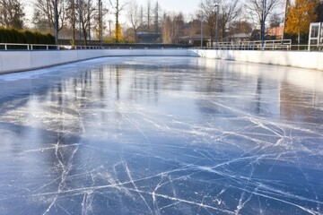Frozen ice rink, empty and reflecting surrounding trees