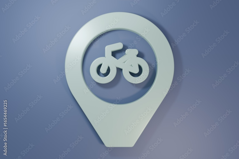 Poster grey map pointer with bicycle icon isolated on purple-blue background. minimalism concept. 3d render