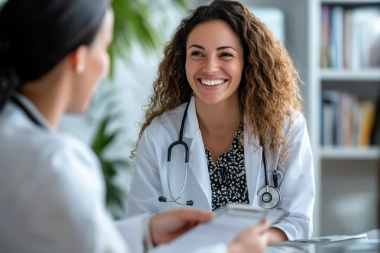 smiling woman healthcare provider explaining treatment plan.