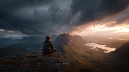 Fototapeta premium A contemplative scene of a person overlooking a dramatic landscape
