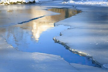 Cracked ice reflecting sky and light
