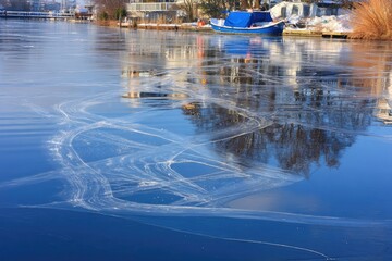 Frozen canal with intricate ice patterns reflecting houses and a boat