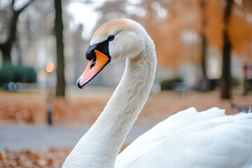 Obraz premium white swan in a city park setting.