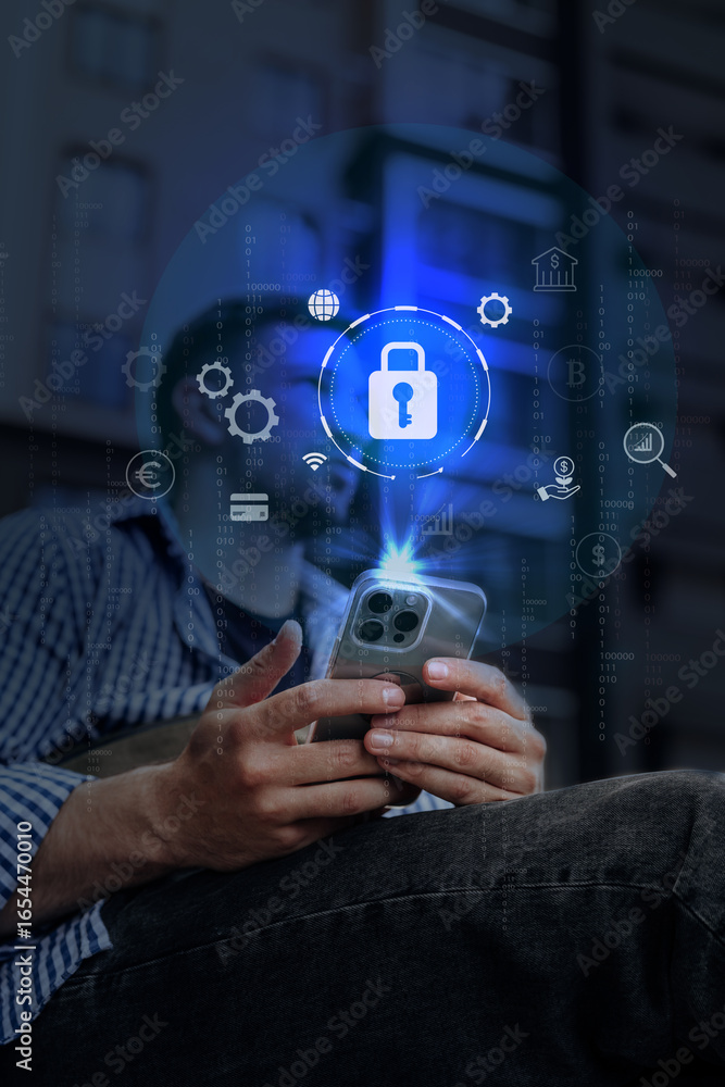 Aufkleber man using smartphone for online security checks in urban setting during daylight hours