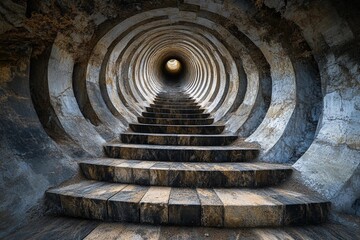 Steps lead into an endless circular tunnel creating a mysterious atmosphere with a sense of depth and intrigue