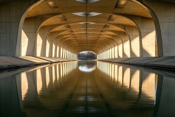 Obraz premium Vaulted bridge structure creates stunning mirror reflection beneath in calm water during early morning light