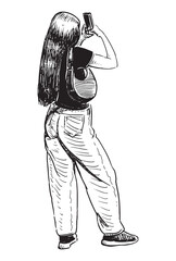 Young modern city girl with long hair photographing on smartphone, rear view, realistic vector hand drawing, white background