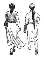 Two young modern city women walking together outdoors on summer day, back view, realistic contour drawing, vector illustration
