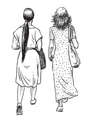 Two young modern city women walking together outdoors on summer day, rear view, realistic sketch, vector illustration