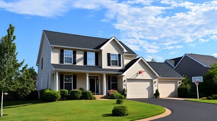 Suburban house with basketball hoop and wellmanicured lawn on a sunny day