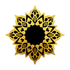 Ornate Golden Floral Motif: An exquisite, symmetrical, golden floral design, with intricate detailing and a captivating, dark central core, a symbol of refined elegance and artistic beauty.