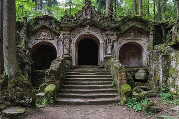 Naklejka premium Majestic portal to another world glows amidst ethereal landscape with rolling clouds and sunlit greenery