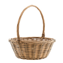 Obraz premium Empty and elegantly handcrafted natural wicker basket with a sturdy handle, ideal for picnics, home decor, or as a charming gift container, isolated on a clean white background.
