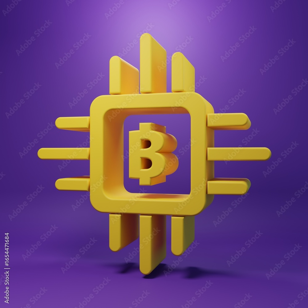 Poster yellow cpu mining farm icon isolated on purple background. bitcoin sign inside processor. cryptocurr