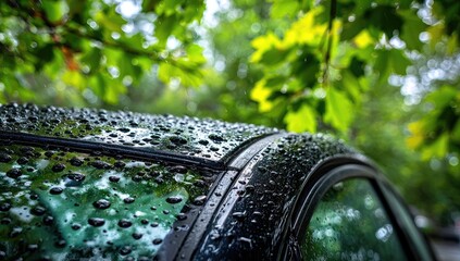 Raindrops on a black car roof, with blurred green foliage in the background