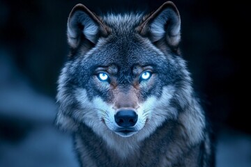 Fototapeta premium Wolf with radiant eyes reflects the power of the moon in a mystical forest setting under twilight sky