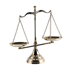 Golden balance scale, clearly unbalanced on white. Symbolizes challenges in achieving fairness, justice within legal and societal systems, representing disparity and ethical equilibrium quest.
