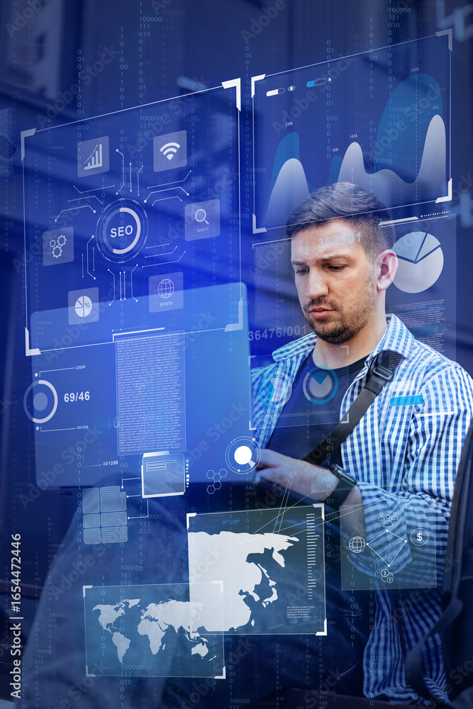 Poster professional working on laptop with digital analytics and graphs in urban environment during daytime