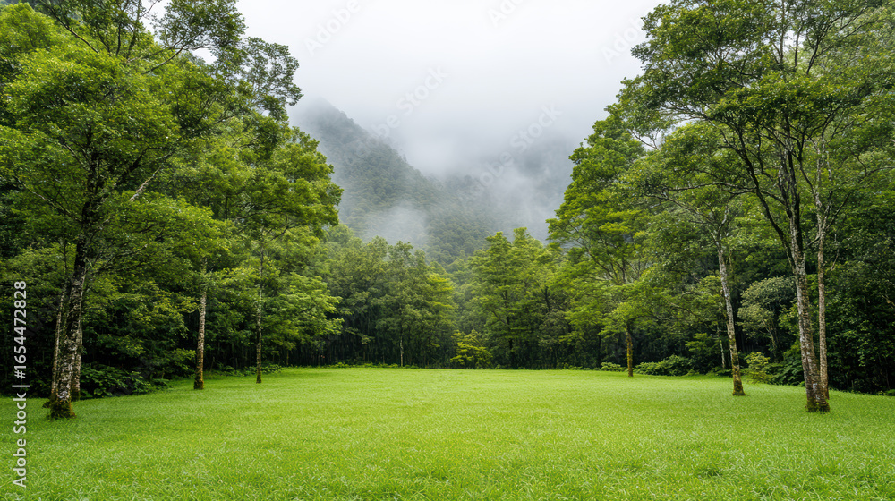 Poster lush green landscape with fog lifting from trees in serene forest setting