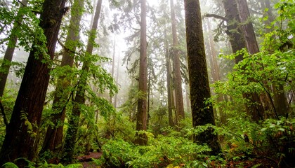 Obraz premium Lush, misty forest scene showcases towering trees and vibrant undergrowth in a tranquil, green environment.