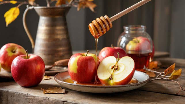 Fresh apples with honey drizzle and autumn leaves on rustic wooden table, Rosh Hashanah celebration - Powered by Adobe