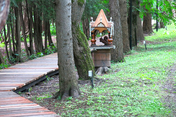Arboretum path with wooden squirrel feeder in Pereslavl-Zalessky