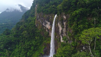 Lush Waterfall cascading down a rocky cliff face, surrounded by dense tropical forest