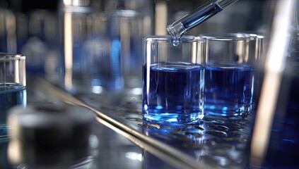 Blue liquid being dispensed into test tubes in a lab