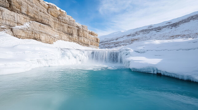Glacial waterfall cascading into turquoise icy pool surrounded by snow covered cliffs - Powered by Adobe
