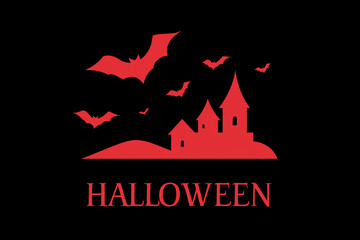 Red Halloween bats flying over a spooky castle silhouette with dark background and eerie atmosphere for Halloween celebration.