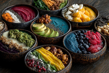 Vibrant bowls filled with assorted superfoods, including fruits, seeds, and nuts, create colorful and healthy meal. Each bowl showcases unique combination of textures and flavors, inviting