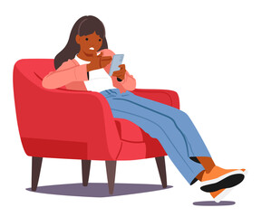 Emotional girl cartoon character feeling angry and irritated looking at mobile phone screen