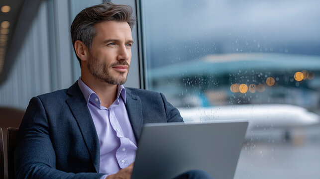 Professional man sits by large window, working laptop with thoughtful expression. background features blurred airport scenery, creating sense
