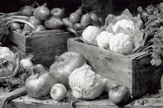 Vintage sketch of fresh market produce featuring various vegetables in wooden crates. artwork captures essence of rustic market, evoking nostalgia and appreciation for natural food