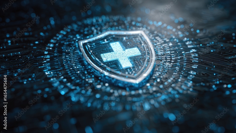 Poster digital shield with plus symbol on circuit board. bright, glowing blue, 3d rendering. abstract, tech