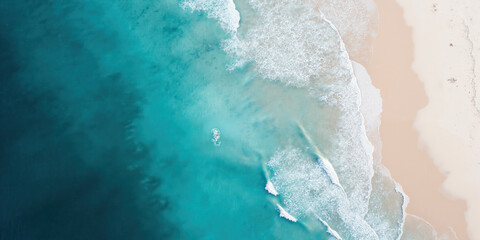 Coastal Aerial Abstract Bird's eye view of turquoise coastline meeting white sandy beach, natural curved patterns formed by waves, high